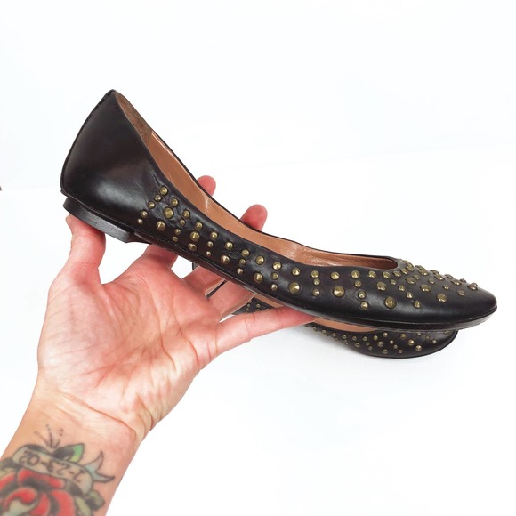 Sigerson Morrison Leather Brown Flats with Brass Studs - Picture 7 of 10